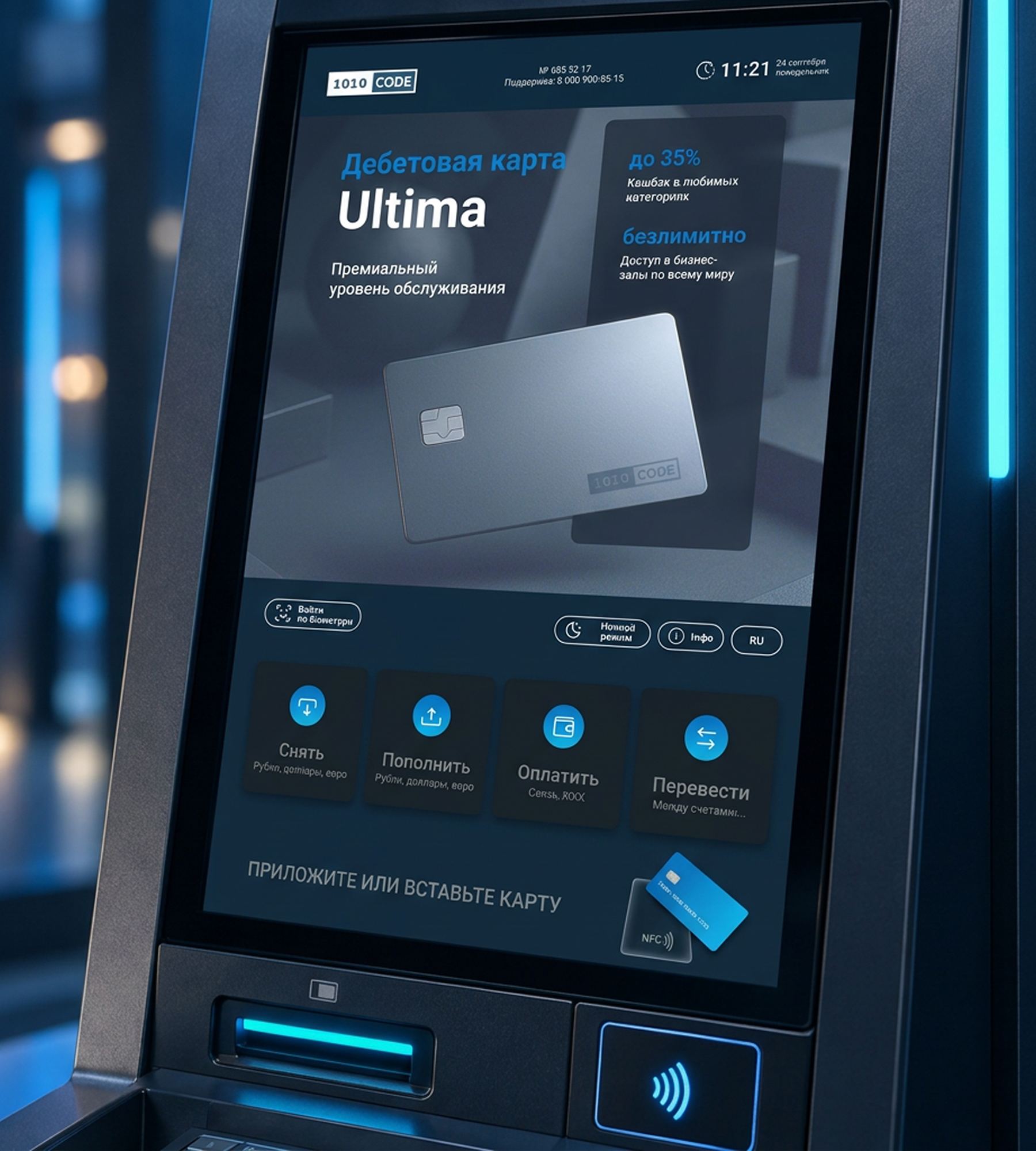 Сенсорный экран банкомата с главным экраном ATM Code: предложение по карте и кнопки снятия, внесения, оплаты и переводов