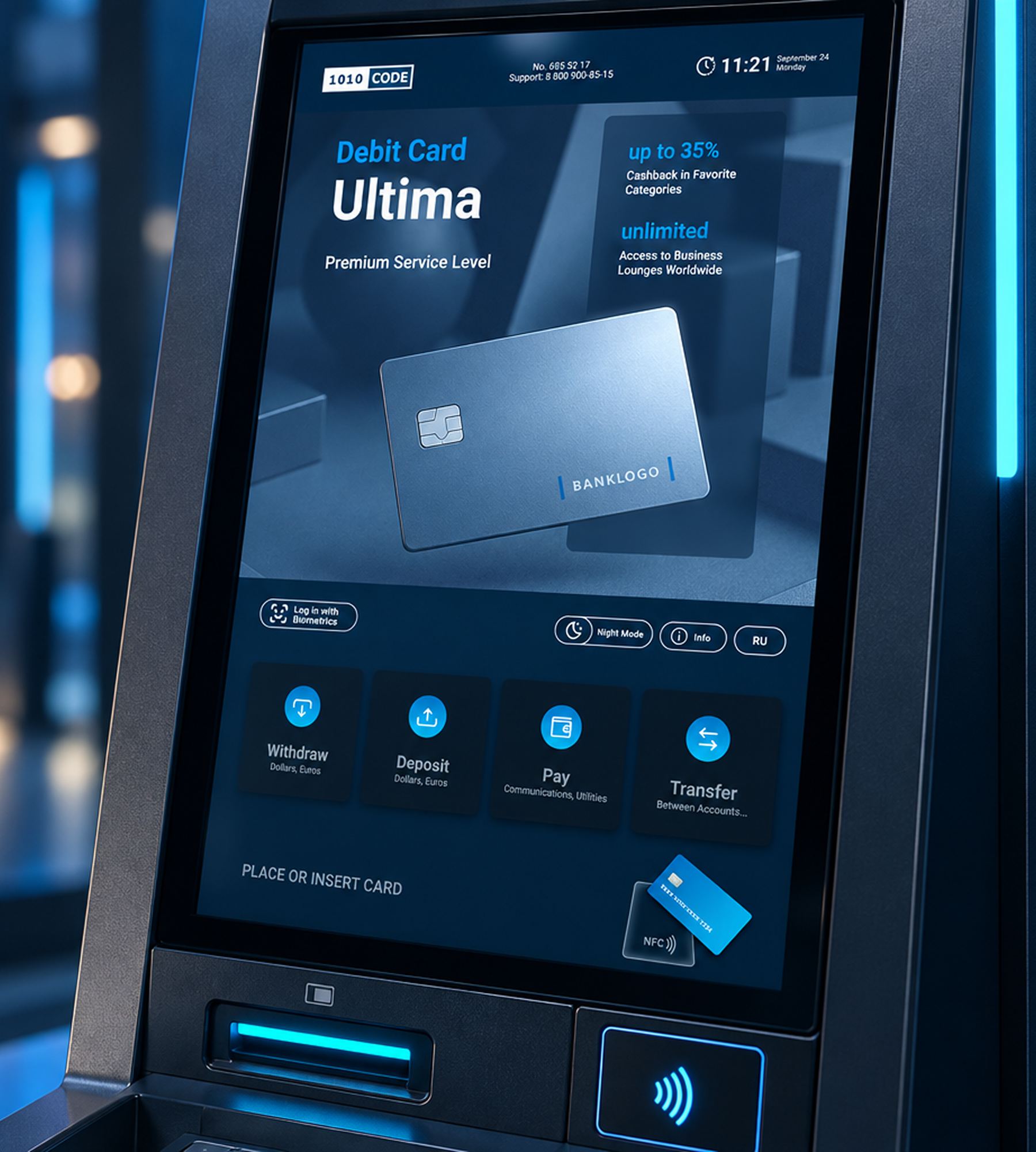 ATM touchscreen with the ATM Code home screen: a card offer and buttons for withdrawal, deposit, payments and transfers