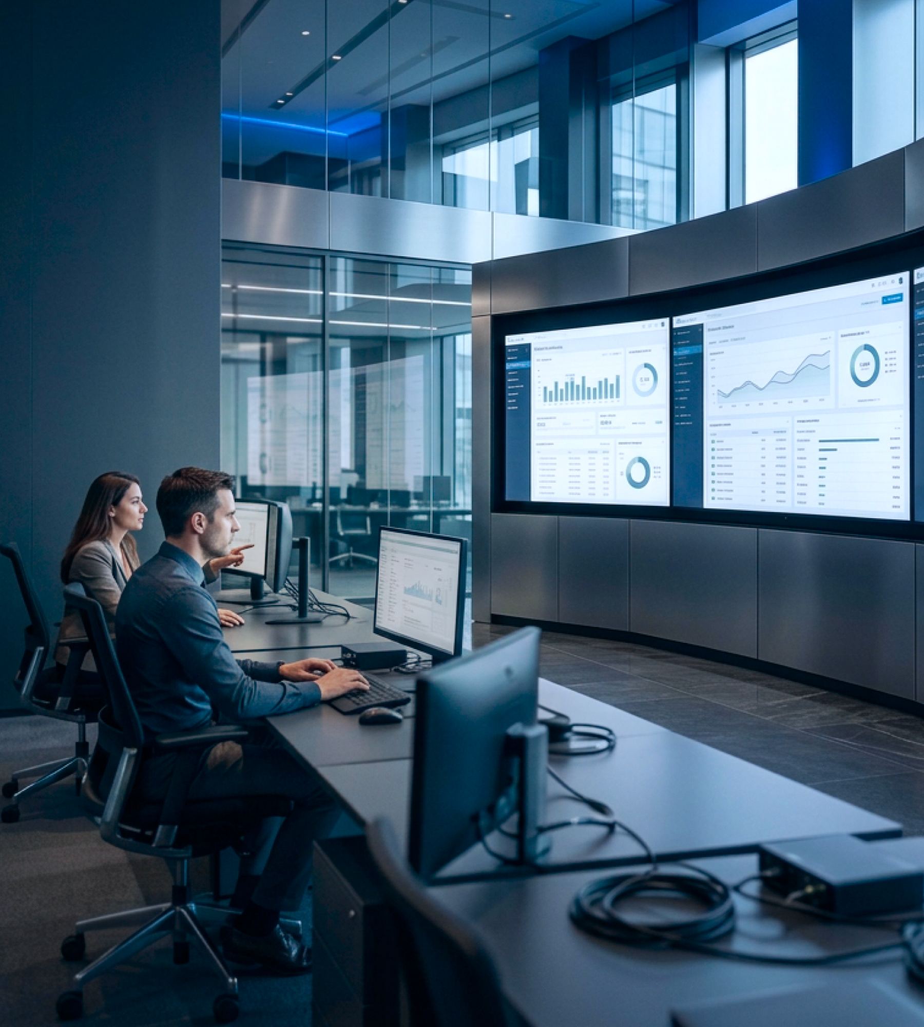 Specialists at their workstations in front of a large screen with analytics dashboards