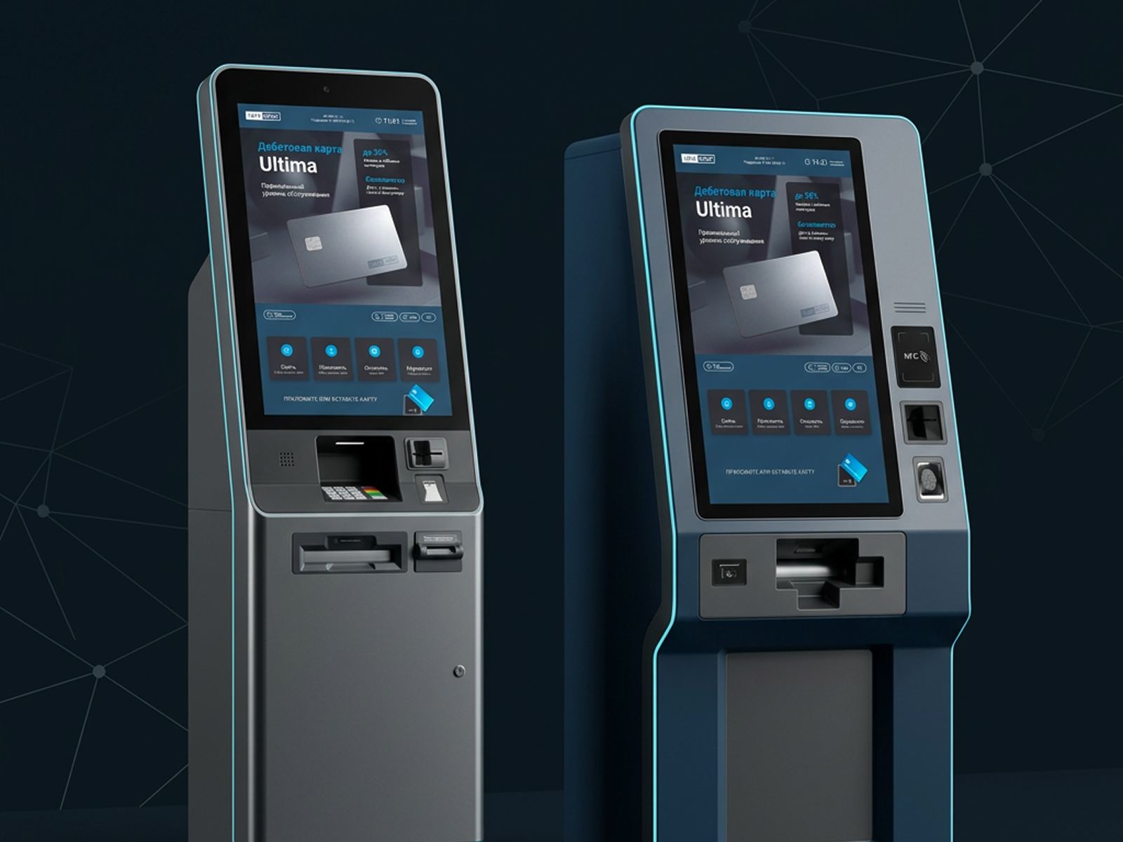 Два современных терминала самообслуживания с интерфейсом ATM Code на сенсорных экранах