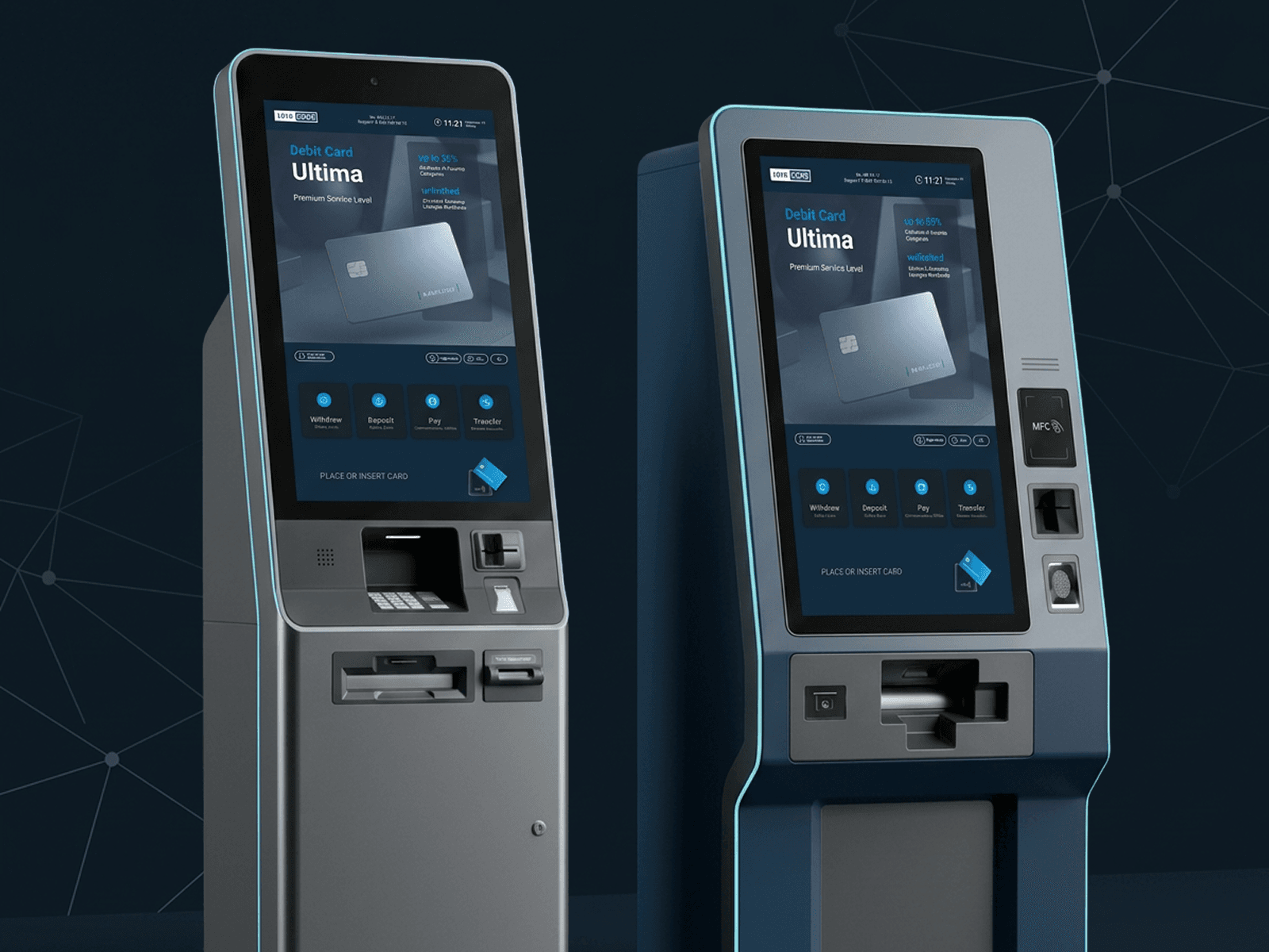 Two modern self-service terminals with the ATM Code interface on their touchscreens