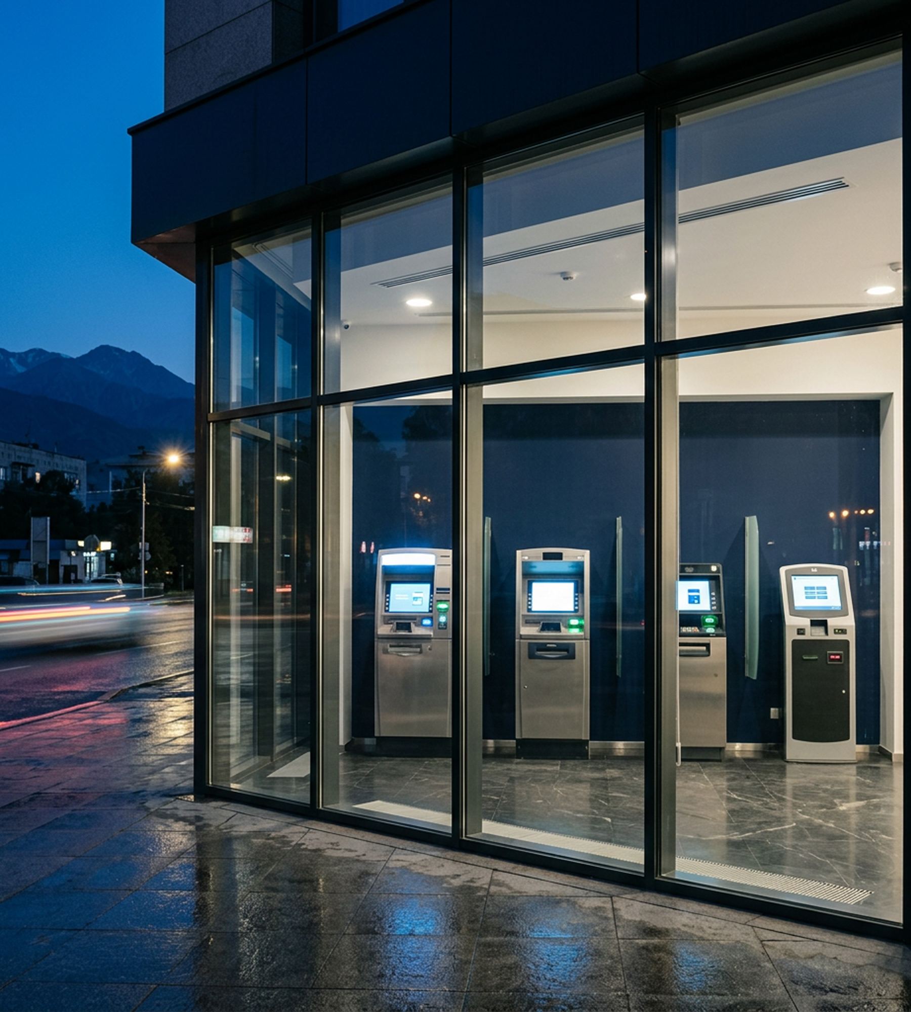 A bank’s 24/7 self-service area in the evening: ATMs and a payment kiosk behind a glass façade, mountains in the background