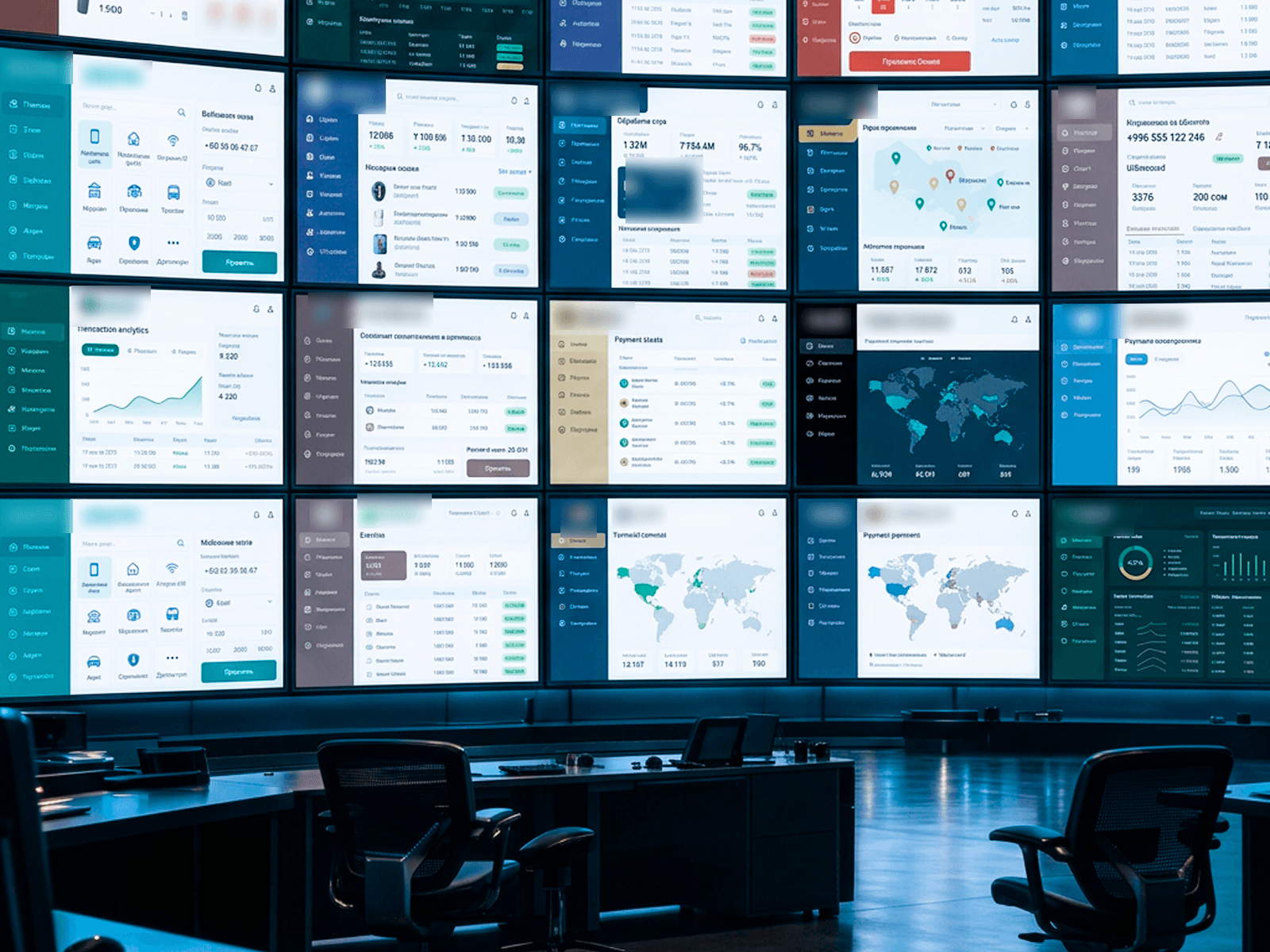 A monitoring room with a video wall showing the interfaces of banks, payment systems and service providers