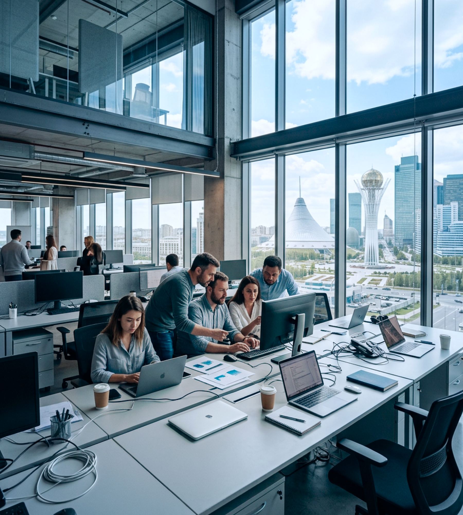 A team working together in a bright open-plan office with a view of the city