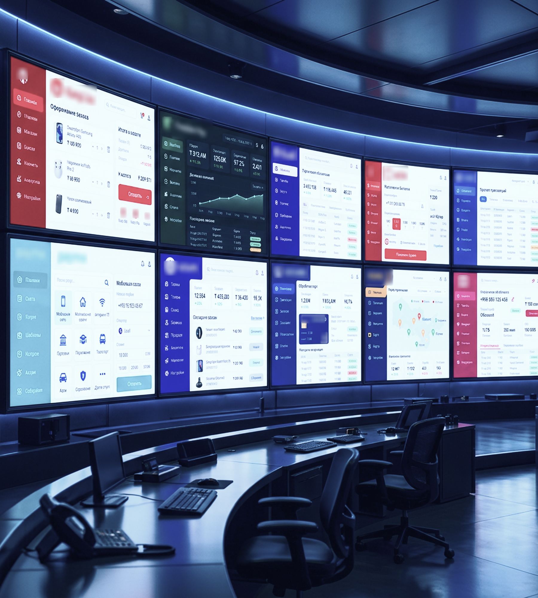 An operations centre with a wall of screens showing payment services and provider dashboards